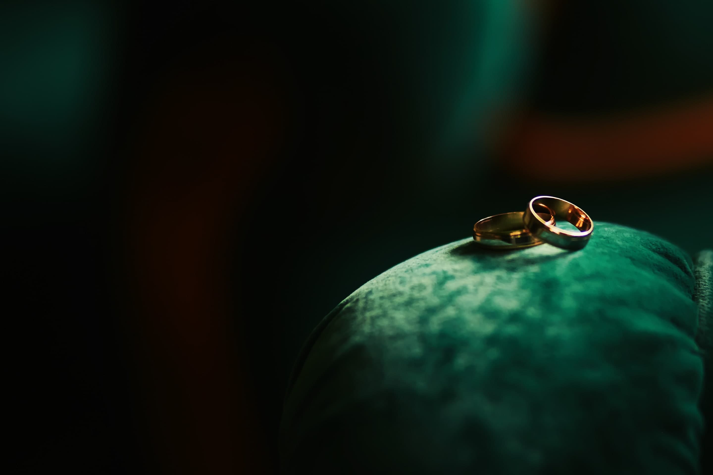 Gold rings on green velvet for The Seven Husbands of Evelyn Hugo